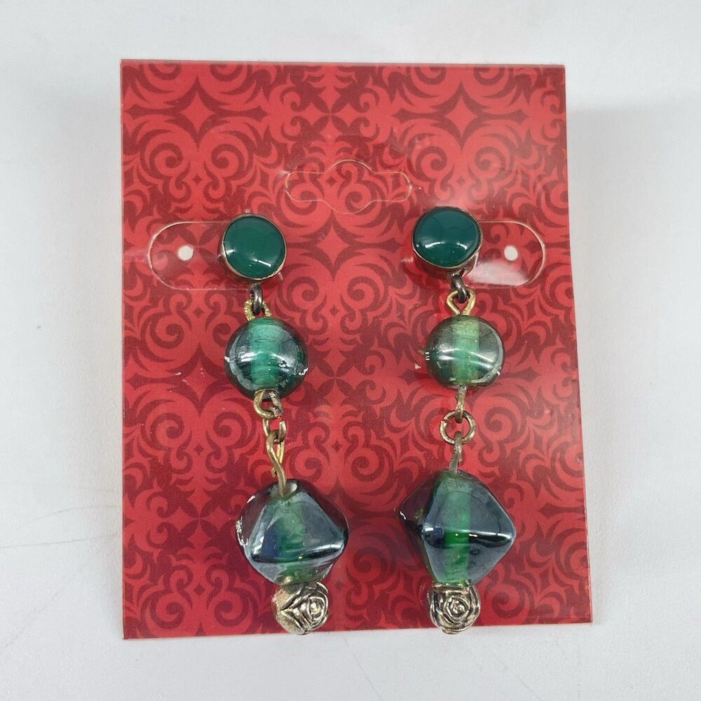 Green Bead Dangle Earrings Gold Tone Rose Drop 925 Marked Posts Boho